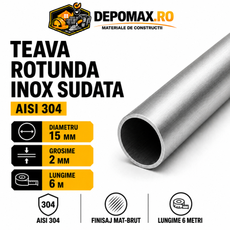 Teava rotunda inox sudata AISI 304, 15 x 2 mm, 6 metri